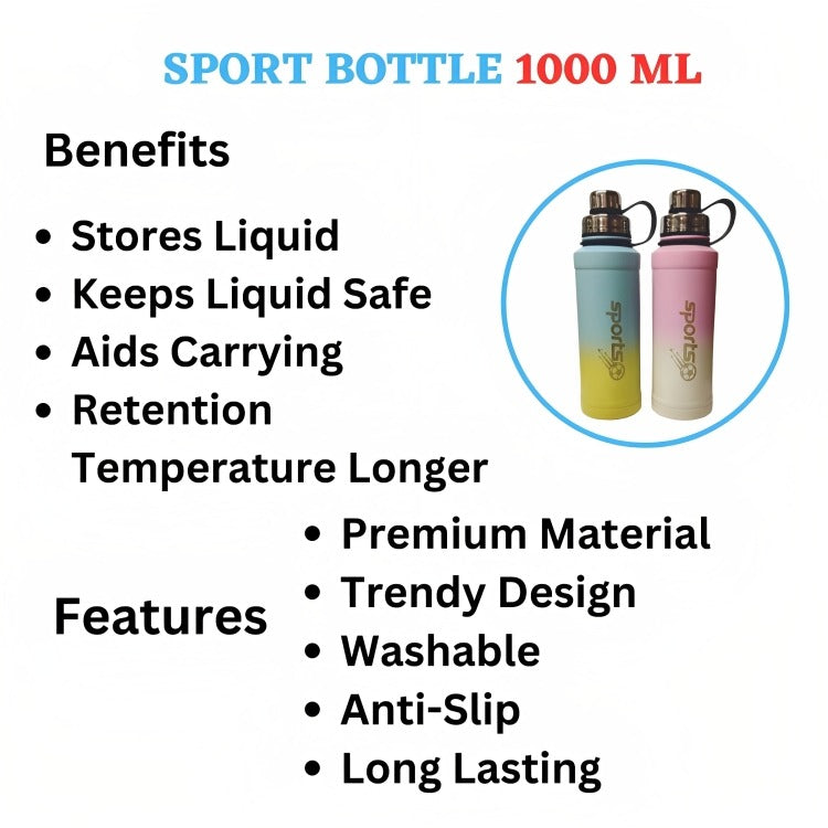Sports Bottle 1000 ml Stainless steel with Hot & Cold (Assorted)